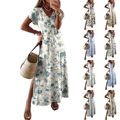 Женское летнее цветочное платье с коротким рукавом, пляжное платье с карманами, повседневное платье-футболка с V-образным вырезом и разрезом, длинное платье для путешествий и отпуска