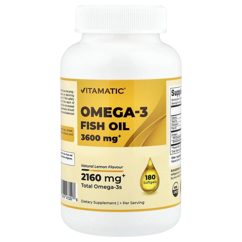 Vitamatic Omega-3 Fish Oil, Natural Lemon Flavor, 180 Softgels