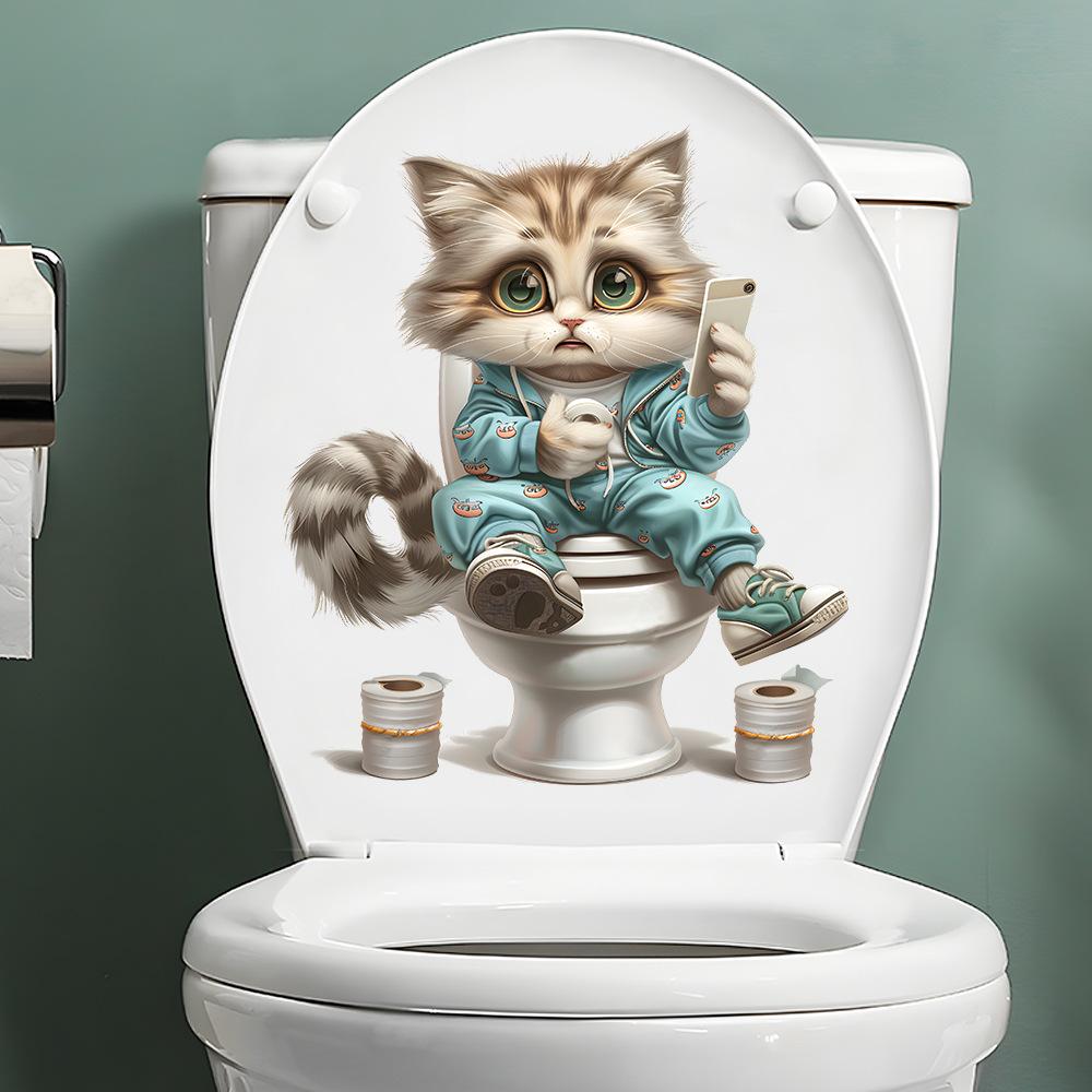 Смешная Кошка Играет в Телефон Туалетная Наклейка Самоклеящаяся Водонепроницаемая Декор для Ванной
