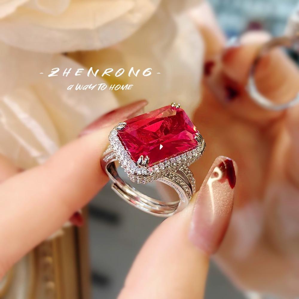 Luxury Open Ring Blue Spinel and Ruby Gemstone with Diamond Setting for Women Stylish Square Emerald Cut Jewelry