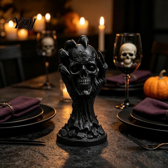 Gothic Home Ornaments 3D Printed Skull & Devil Hand Figurine, Realistic Holding Handheld Sculpture Statue, Desktop Ornament for Halloween Decoration