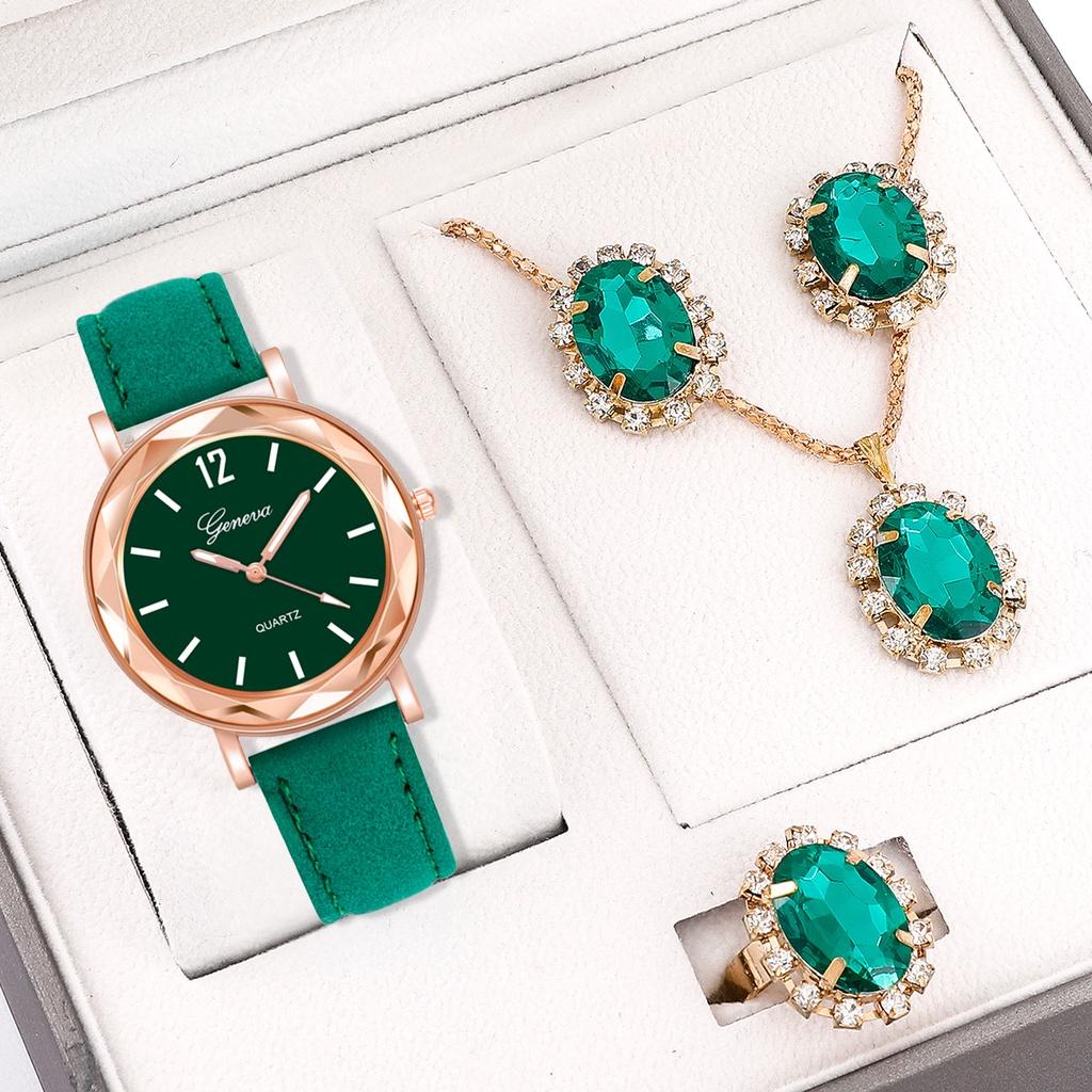 (Women's Watch + Necklace + Ring + Earrings) Women's Watch Set Luxury Leather Strap Quartz Watch