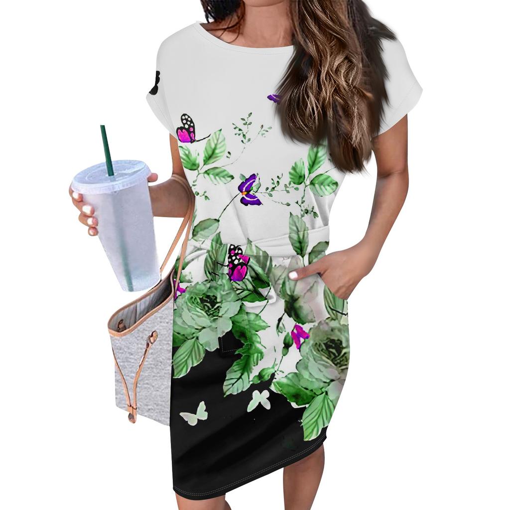 Женские повседневные модные сексуальные платья-туники с круглым вырезом и коротким рукавом с ботаническим цветочным принтом