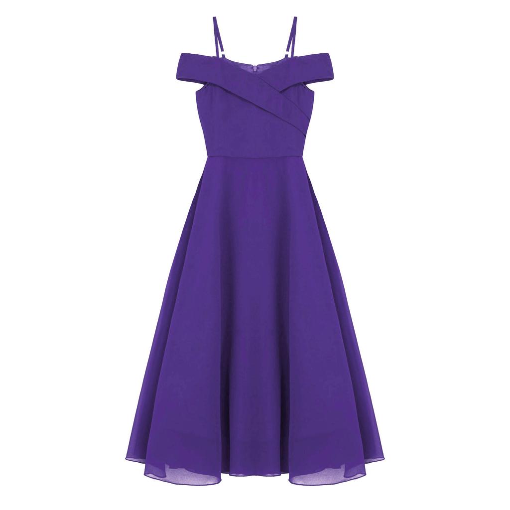 Kids Girls Elegant Chiffon Party Dress Off Shoulder Adjustable Strap Floor Length Evening Gown