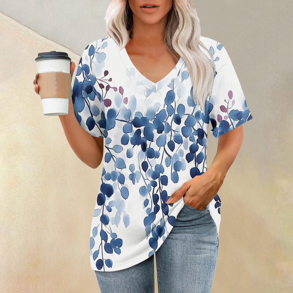 Women's Fashion Pocket V-neck Short Sleeve Plant Floral Print T-shirt Top