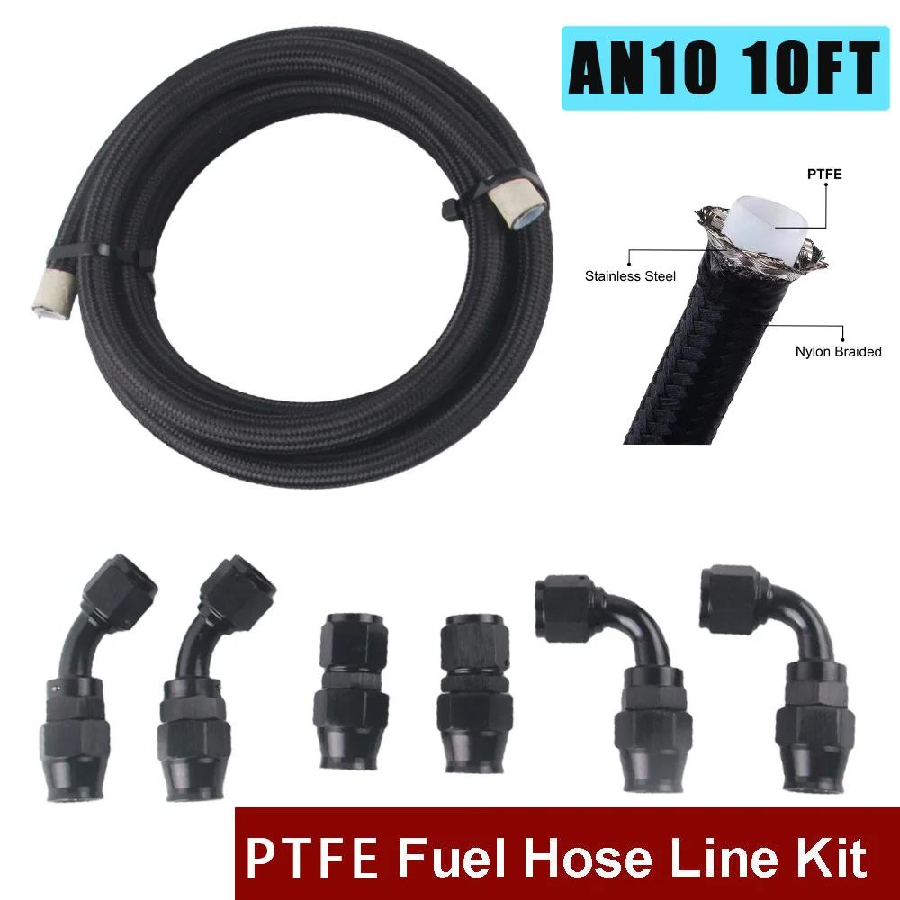 AN4 AN6 AN8 AN10 PTFE Fuel Line Kit, -4AN -6AN 8AN 10ANE85 With Fuel Hose Fitting 10FT Black