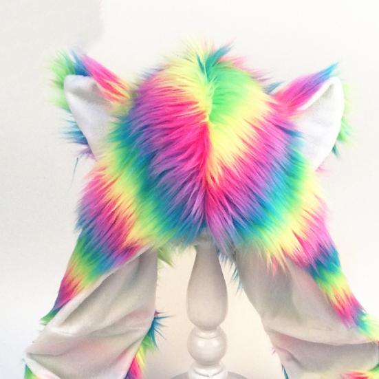 Women Hat Rainbow Color Imitation Fur 3 In 1 Hat Scarf Gloves Winter Warm Hat Home Outdoor Work Street Wear