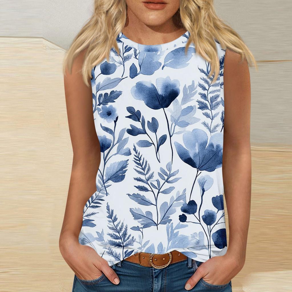 Women's Casual Round Neck Printed Sleeveless Vest Tops Vest
