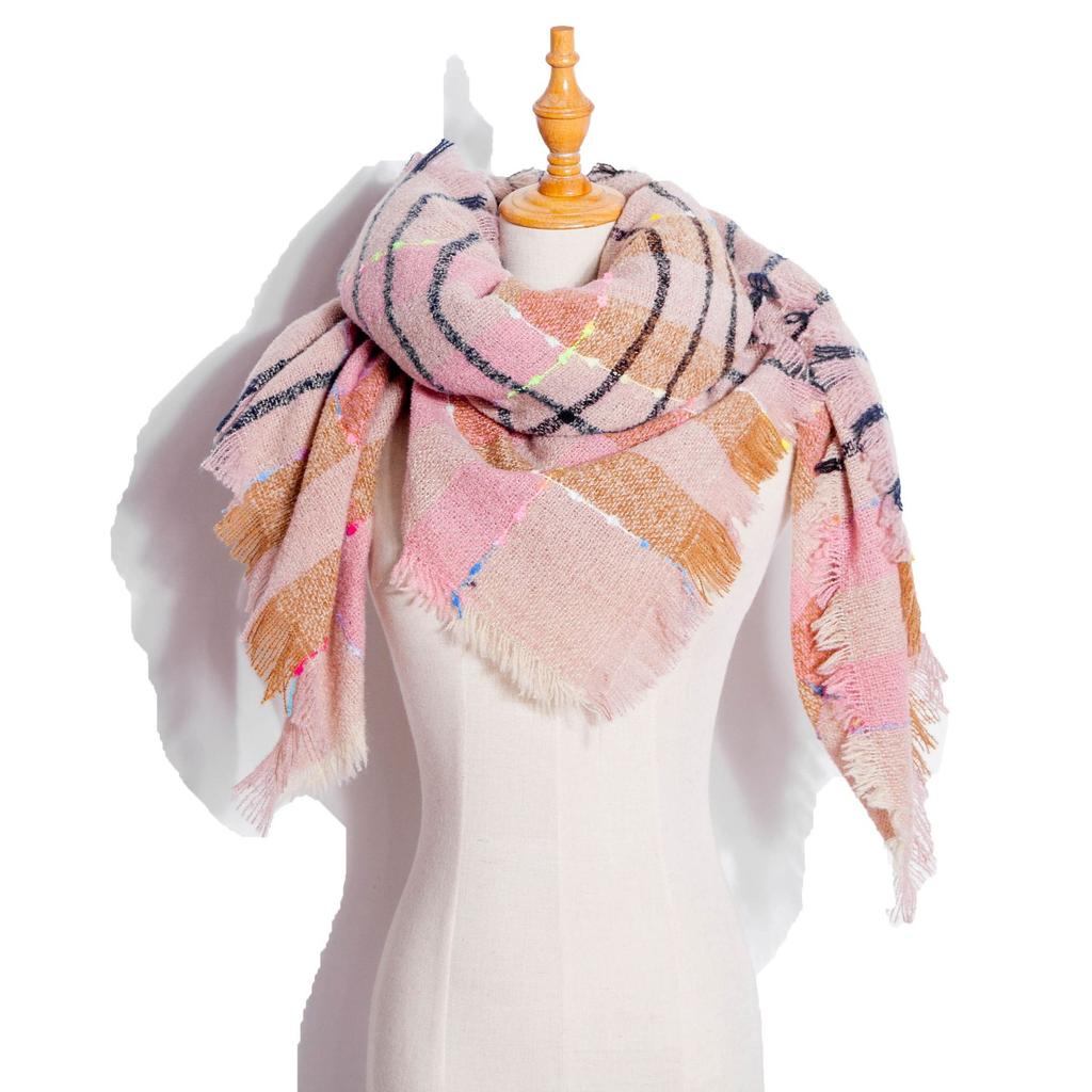 Осенне-зимний шарф с кисточками, женский клетчатый теплый треугольный платок