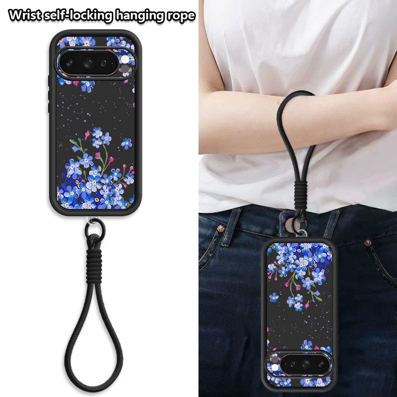 Blue Lily Flower Pattern Phone Case For Google Pixel 10 9 8 7 Pro Pixel 9 10 Pro XL 7A 8A 9A Shockproof TPU Soft Lanyard Cover
