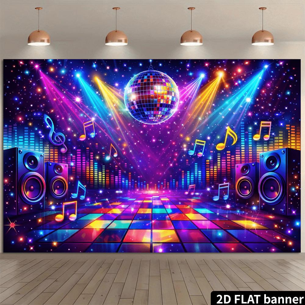 2D flat disco music background mirrored ball and rainbow dance floor elements balanced note decoration