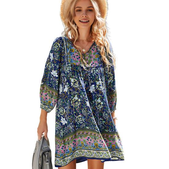 Summer Women Dress Bohemian Style Floral Print V Neck Lace-up Drawstring Long Sleeves Patchwork