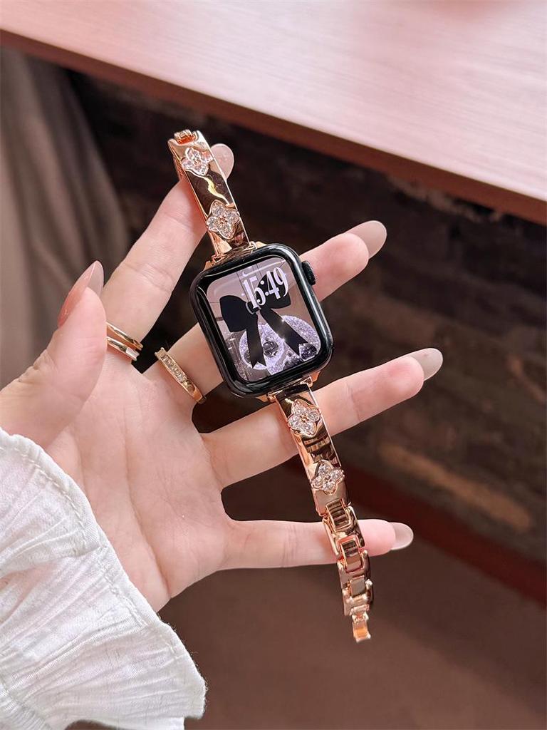 Совместимо с Apple Watch Series 11, Huawei GT6 и Xiaomi 9 Pro: Алмазная Четырехлистная Медная Цепь Ремешок iWatch1098E