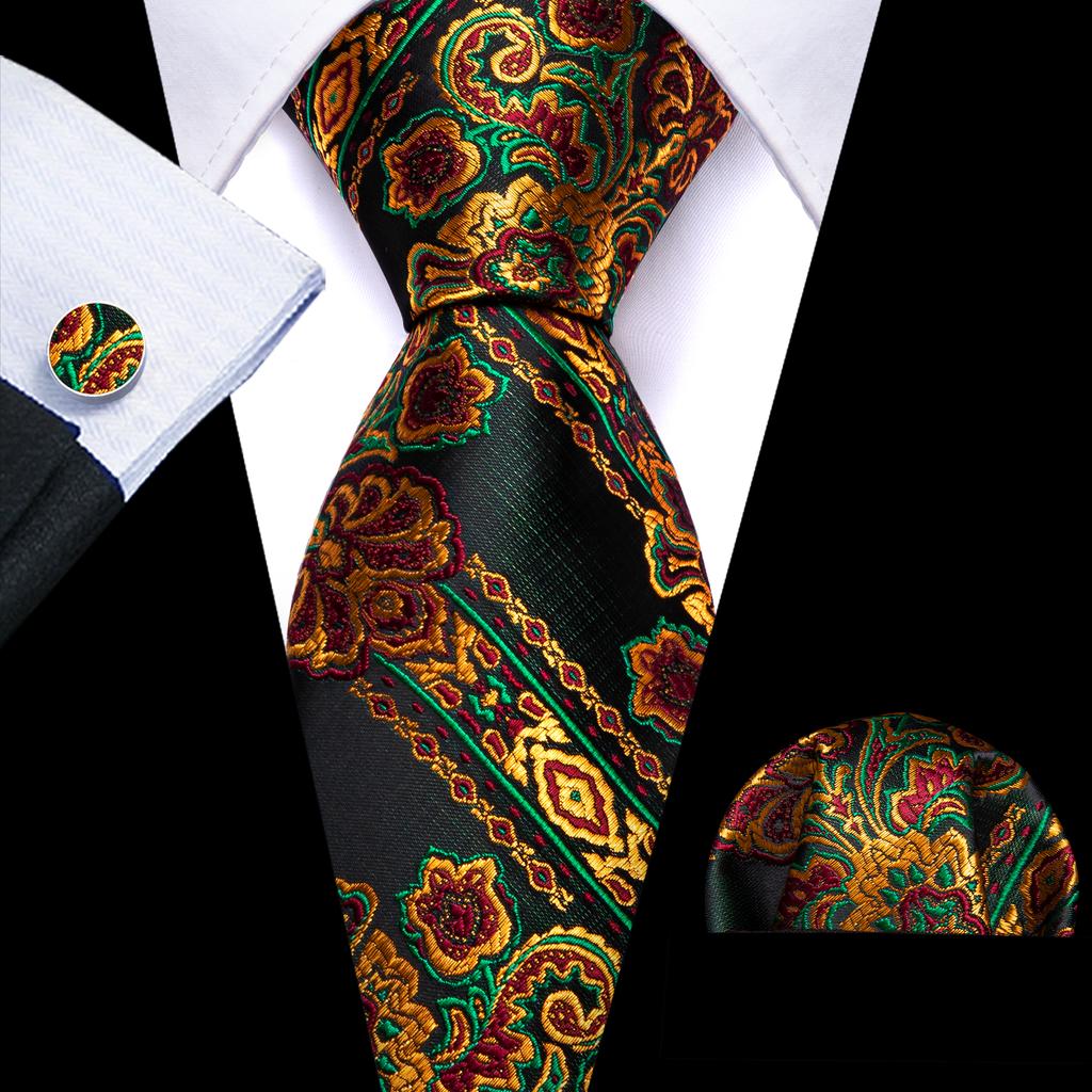 Barry.Wang Classic Tie for Men Woven Silk Striped Neckties Handkerchief Set Cufflinks Formal Casual