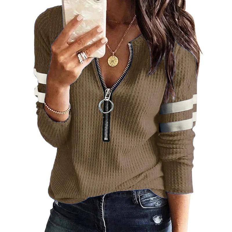 Women's Long Sleeve Zip V Neck Knit Plus Size T-Shirt