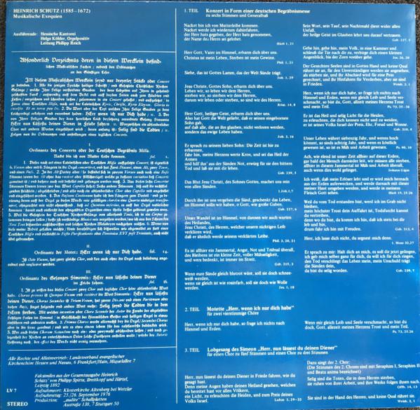 Виниловая пластинка HEINRICH SCHTZ HESSISCHE KANTORE Musikalische Exequien MAS043 Без лейбла 1984 Германия Классика Б/у
