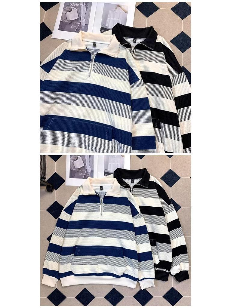 Унисекс ретро полосатая куртка свободного размера с длинными рукавами и полумолнией для осени и зимы