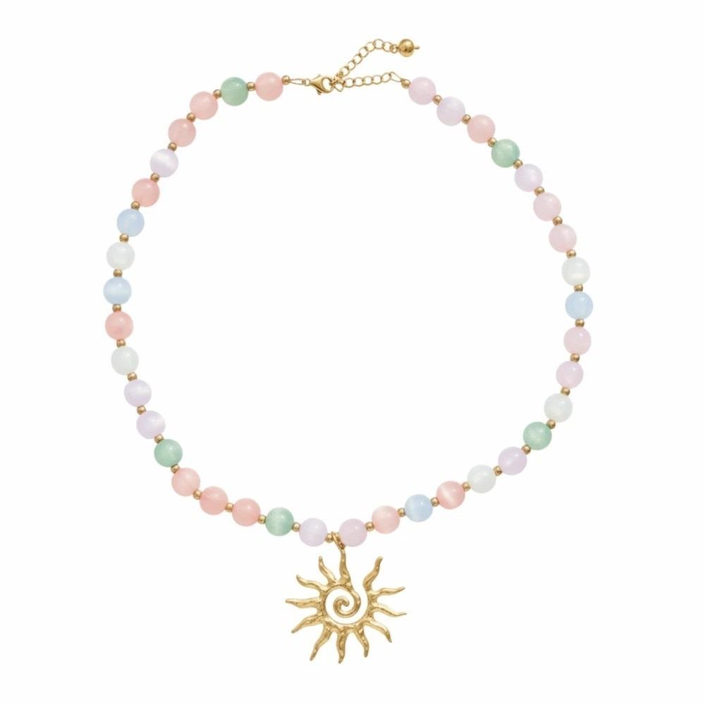 Color Changing Sun Pendant Necklace UV Reactive Gold Plated Beaded Bracelet Set Steel Chain Pastel Colors Cat Eye Choker