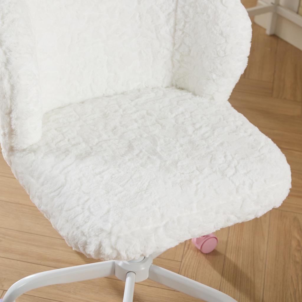 Girls Faux Rabbit Fur Desk Chair, Cute Fluffy Adjustable Swivel Vanity Chair with Silent Colorful Wheels, Cream,Beige
