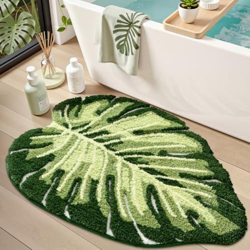 Tropical Green Leaf Bathroom Floor Mat Soft Plush Anti-Slip Super Absorbent Mat for Shower Space Home Decor