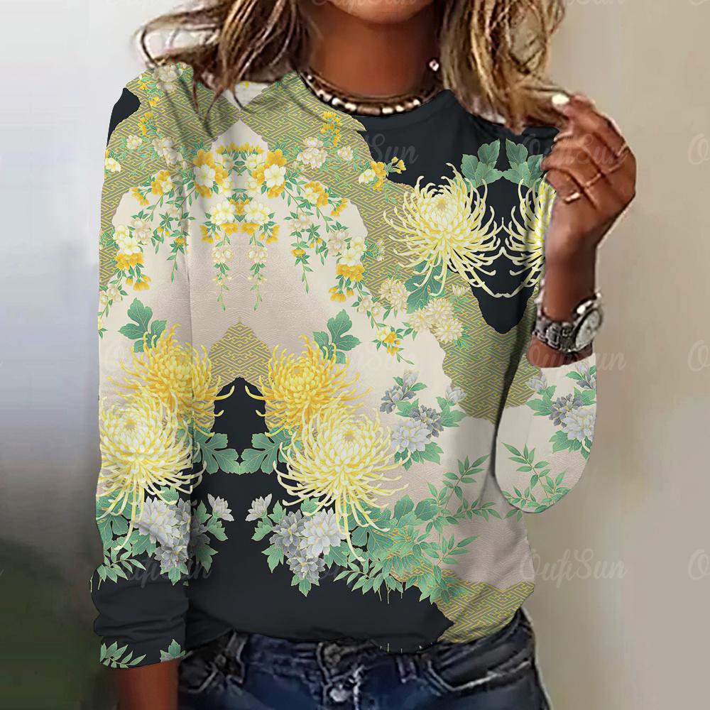 Летние новые женские футболки, модные масляные картины, цветочный принт, длинные рукава, футболка, повседневная женская одежда с круглым вырезом, уличный стиль, топы