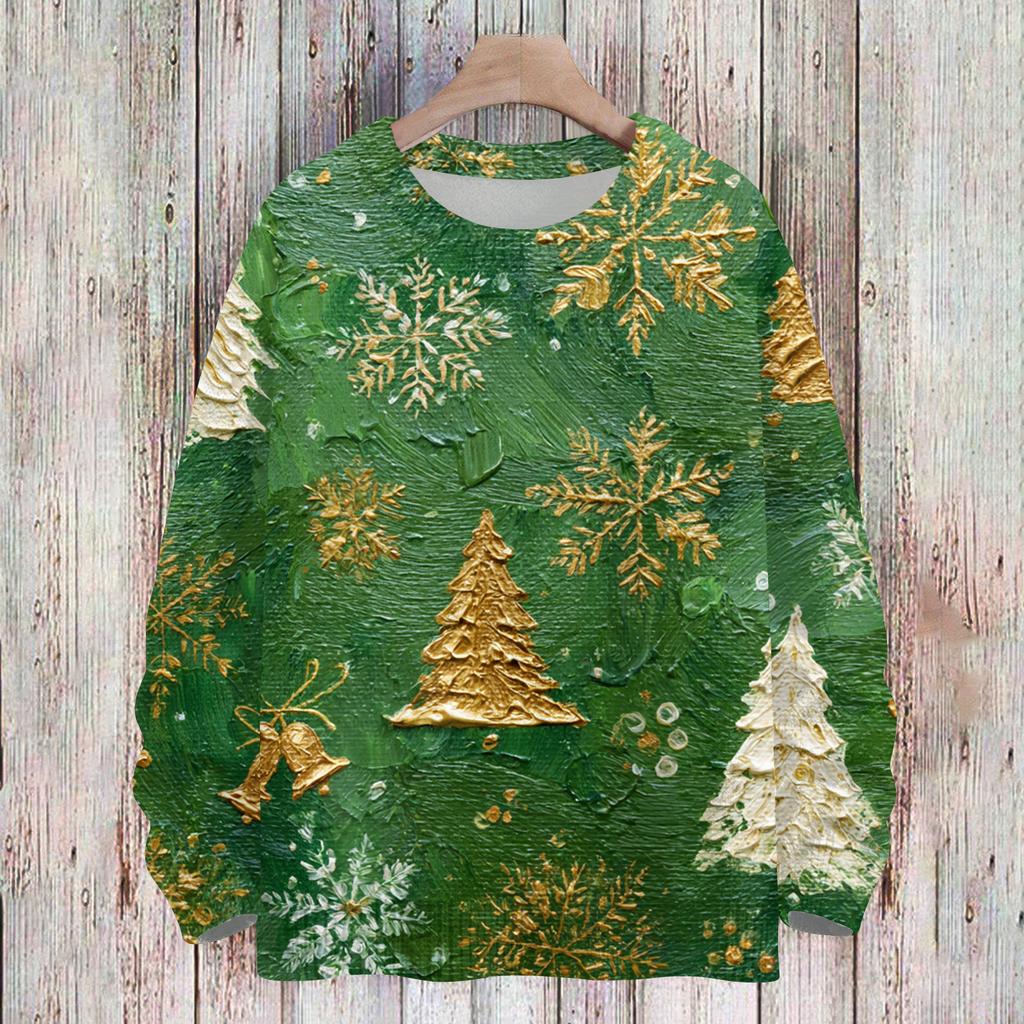 Женский Модный И Повседневный Рождественский Милый Принт Круглый Вырез Длинный Рукав Вязаная Пряжа