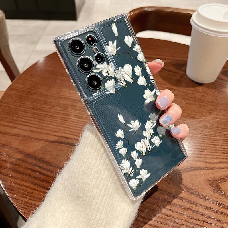 Чехол для телефона с цветочным и листовым узором для Samsung Galaxy S26 S25 S24 S23 Ultra S22 Plus S24 S21 FE S25 Edge Прозрачный силиконовый мягкий чехол