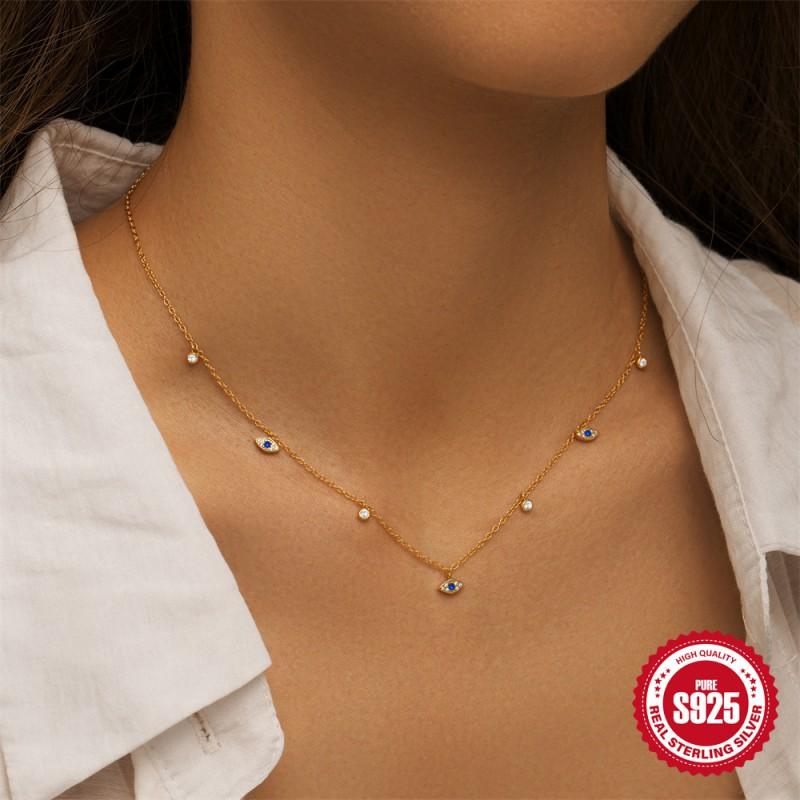 Sterling Evil Eye Zircon Pendant Necklace Women Minimalist Gold Plated O-Link Chain Adjustable 21-50cm
