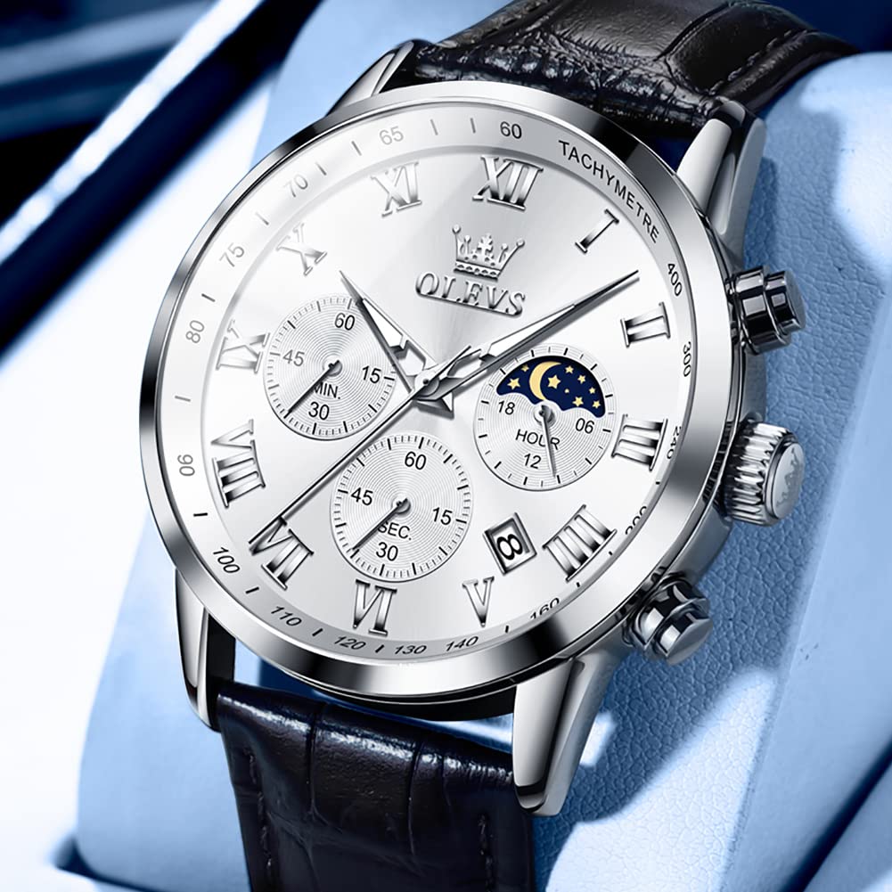 Часы Olevs Watch Chronograph Водонепроницаемые Светящиеся Часы Черный Кожаный Ремень Бизнес Кварцевые Наручные Часы Аналоговые Римские Цифры Легко читаемые Часы для Мужчин Дата