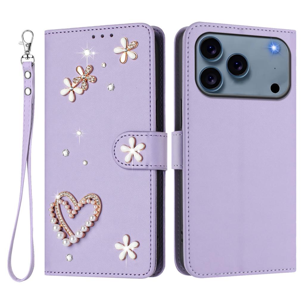 Suitable for iPhone 17, diamond-embellished double-layer heart flower protective case, iPhone 17/16E diamond-studded card slot flip leather case