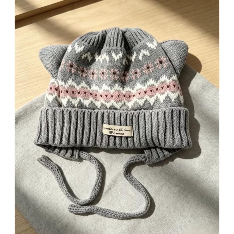 2026 Winter Fair Isle Knit Beanie Women With Cat Ear Detail Warm Cozy Wool Blend Hat In Solid Contrast Colors