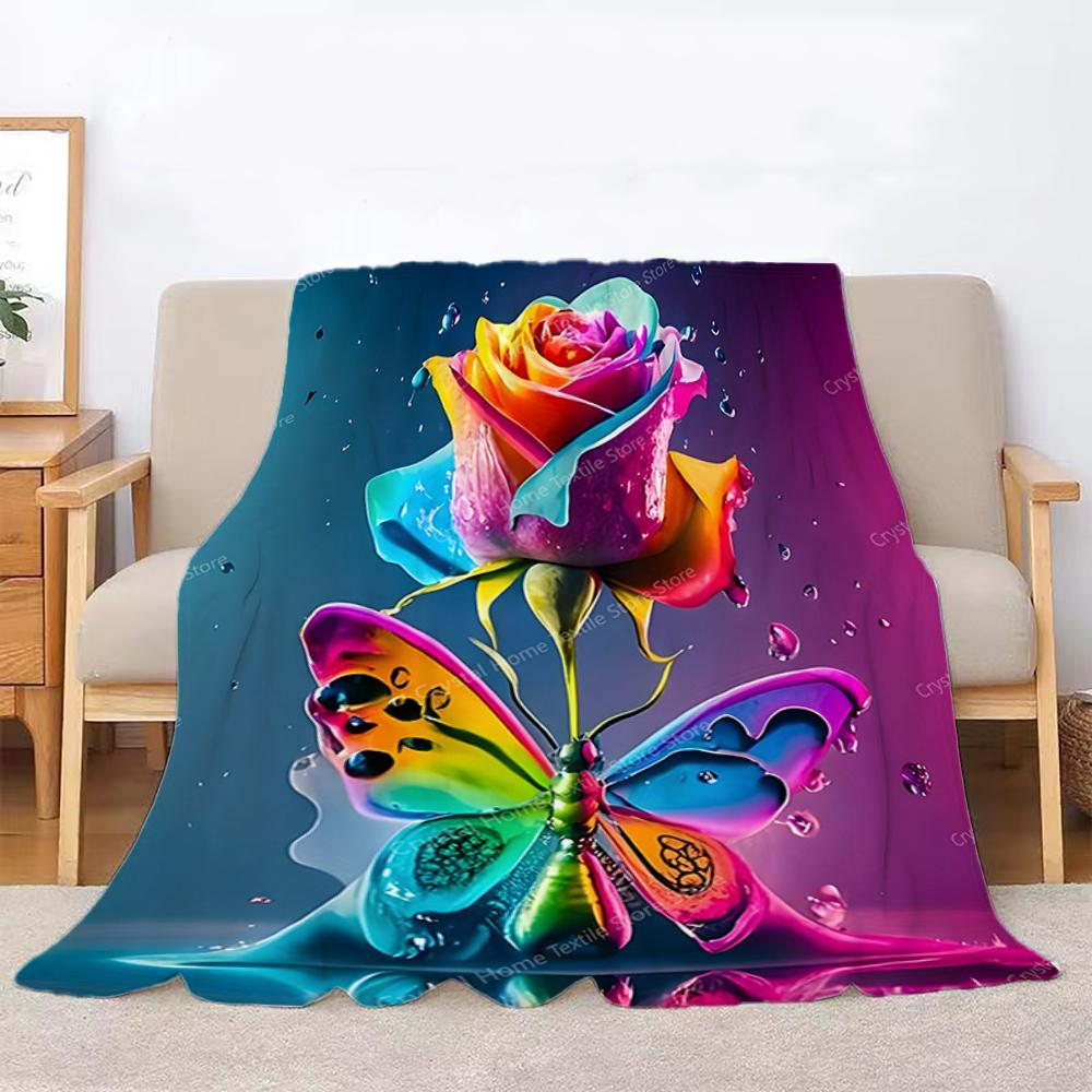 Colorful Rose & Butterfly Design Flannel Blanket Sofa Lunch Soft Break Blanket Children Student Kids Gift,Office Couch Chair Bed
