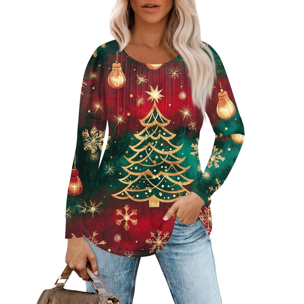 Women's Casual Top Christmas Printed Round Neck Long Sleeved Pleated T-shirt
