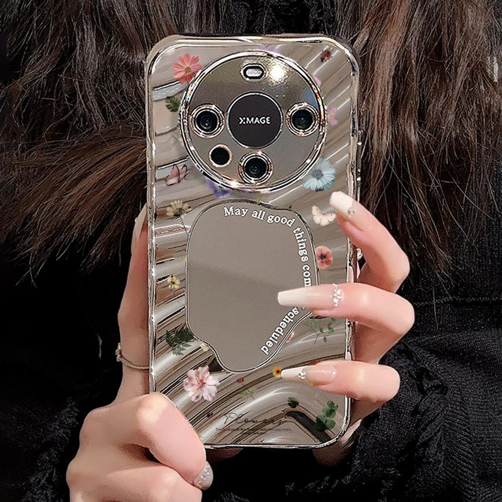 Зеркальный чехол для телефона для iPhone 16 11 13 14 для 16 Pro 12 13 15 16 Pro Max для Samsung A15 A16 A35 A55 Милый чехол для телефона с облаком, цветком и щенком с гальваническим покрытием