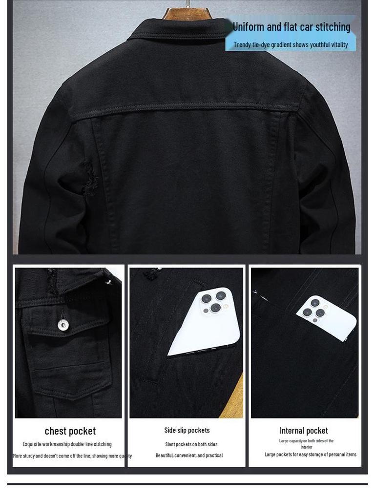 Men's Trendy Black Denim Jacket: Casual, Versatile, Ripped Style for Autumn and Winter