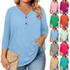 3/4 Length Sleeve Womens Tops Plus Size Button Down V Neck Shirts Blouses Casual Solid Color Loose