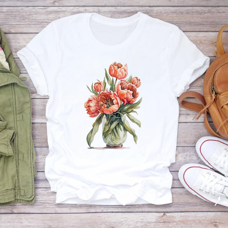 (Азиатский размер) Женская футболка с цветочным рисунком 90-х годов, трендовая милая футболка с принтом, одежда, повседневная женская модная футболка с коротким рукавом, женская футболка с графическим рисунком