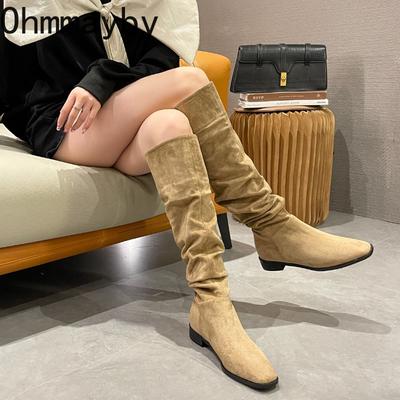 Уличный Стиль Женские Ковбойские Сапоги с Острым Носком Модные Слипоны на Низком Каблуке Длинные Ботильоны botas de inverno feminina