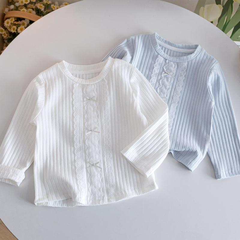 Girls Top Autumn Long-Sleeved T-Shirt Kids Solid Color Sweet Bow Blouse New Casual Bottoming Shirt Spring Baby Warm Children's Clothing