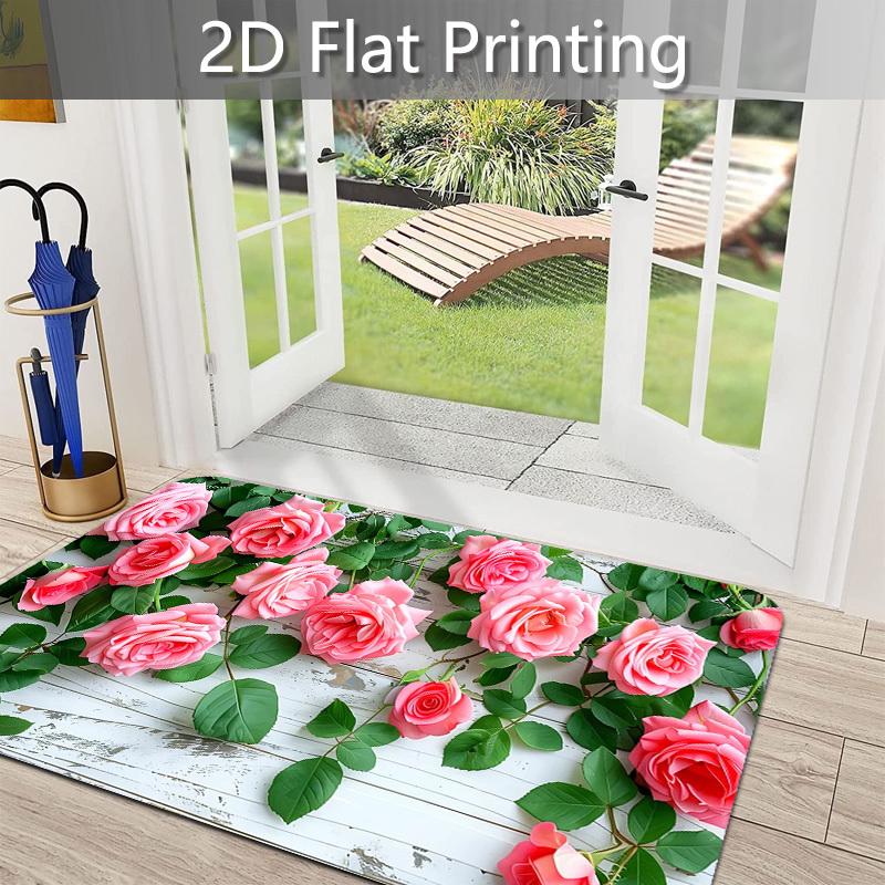 1pc, 2D Flat Pink Rose Floral Print Entry Door Mat - Indoor/Outdoor Doormat, Romantic Rose Floral Themed Floor Mat, Flannel Material - Soft Cushion La