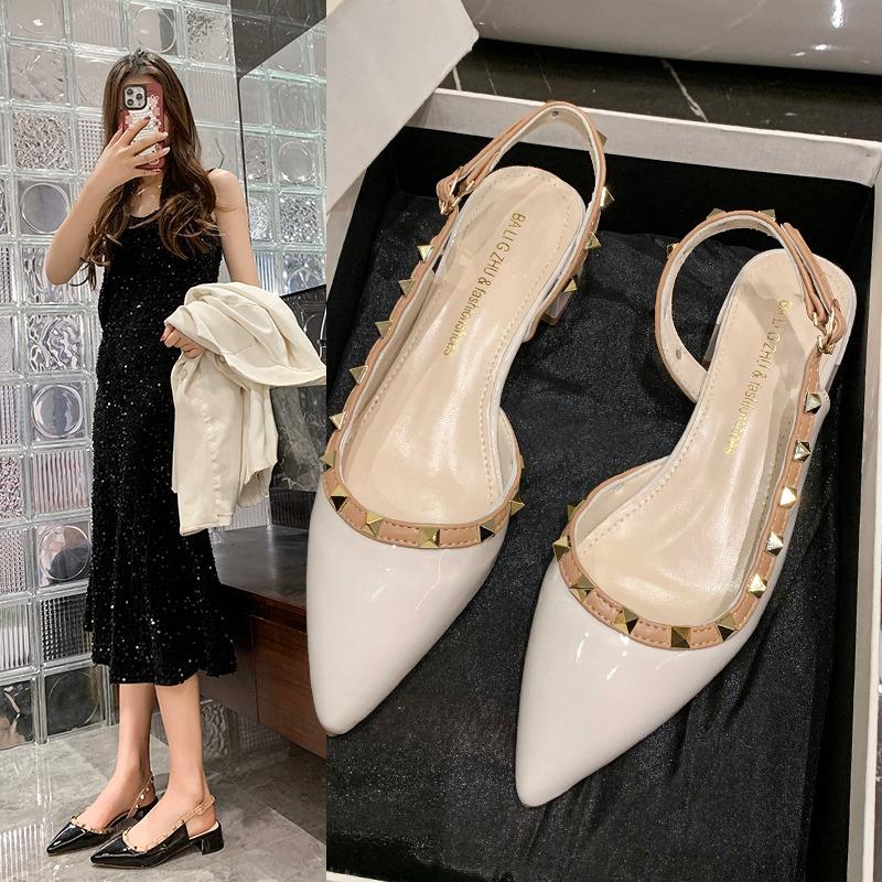 2025 Fashion New Style Studded Pointed Toe Flats Leather Open Toe Sandals Women's Sandals Women's Flats Shoes