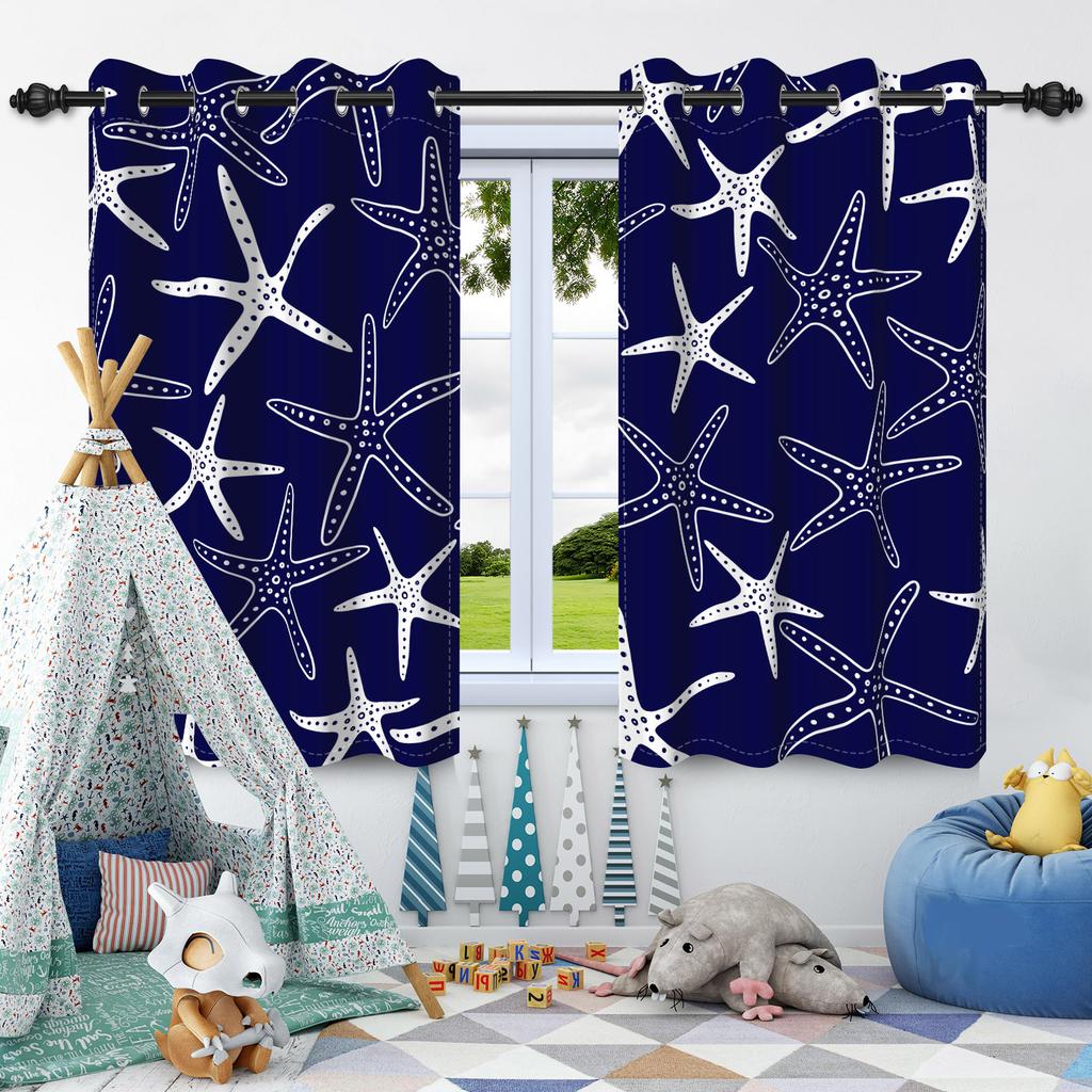 2 Pcs Sea Plants Shells Starfish Blackout Curtains Thermal Insulated Grommet Window Drapes Children Bedroom Living Room Decor