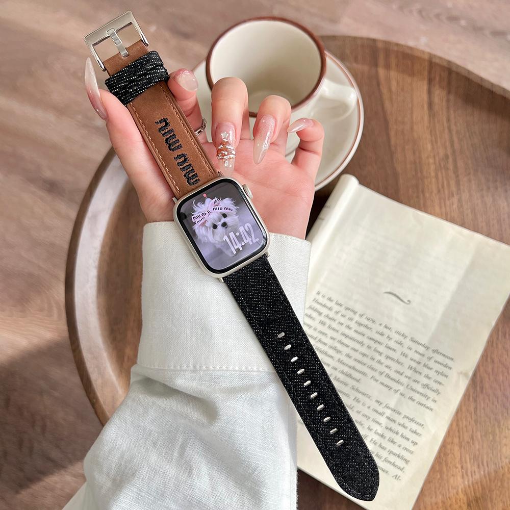 Watch Band For Apple Watch Series 10 Ultra 9 8 7 SE 6 5 4 3 2 1 46mm 49mm 45mm 44mm 42mm Embroidered Denim Leather Strap