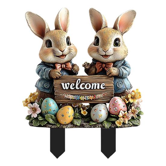 Easter Garden Stake 2D Acrylic Bunny Yard Decor Stake Cartoon Rabbit Colored Eggs Welcome Sign Stake Fairy Garden Accessories for Lawn Porch