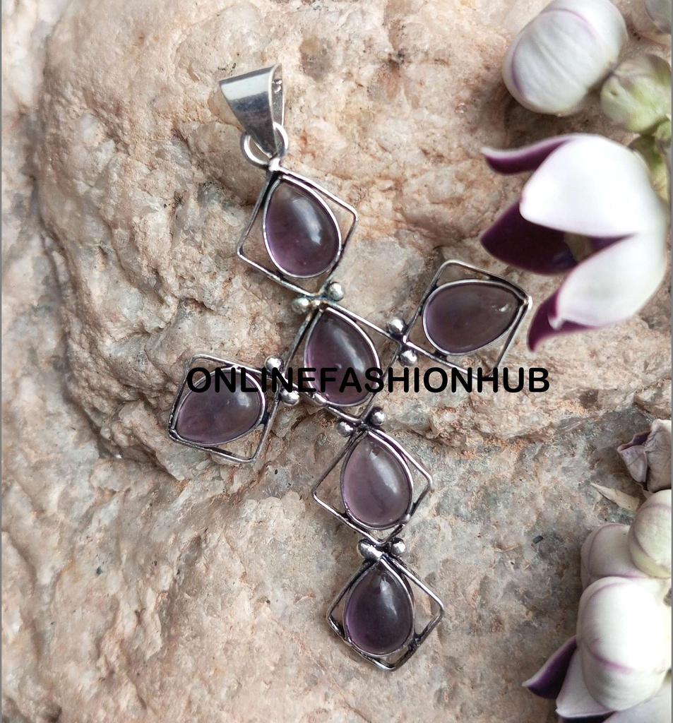 Amethyst Gemstone 925 Sterling Silver Plated Gifted Cross Shape Pendant Jewelry NST-J2H20122