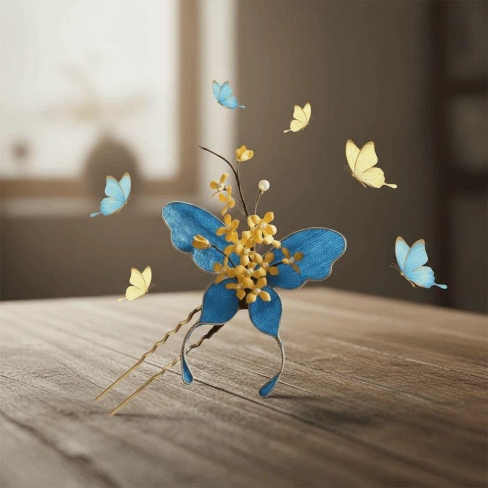 Headwear Hanfu Butterfly Hair Fork Beads Exquisite Fairy Side Clips Girls