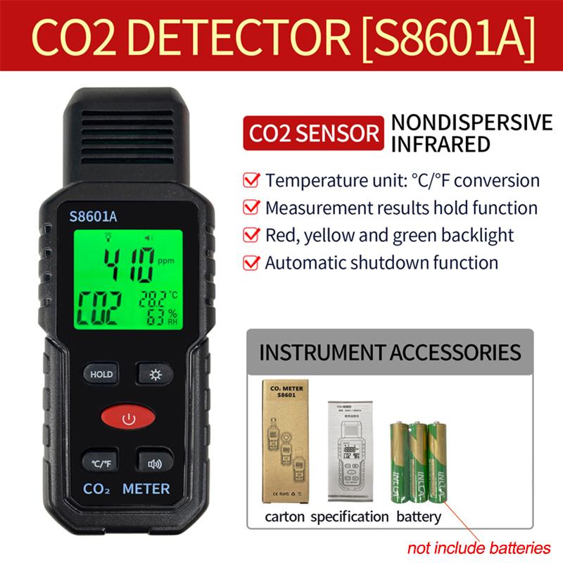 Портативный ручной детектор CO2 400-5000ppm Измеритель углекислого газа Монитор качества воздуха Датчик температуры и влажности с сигнализацией Цифровой дисплей для дома
