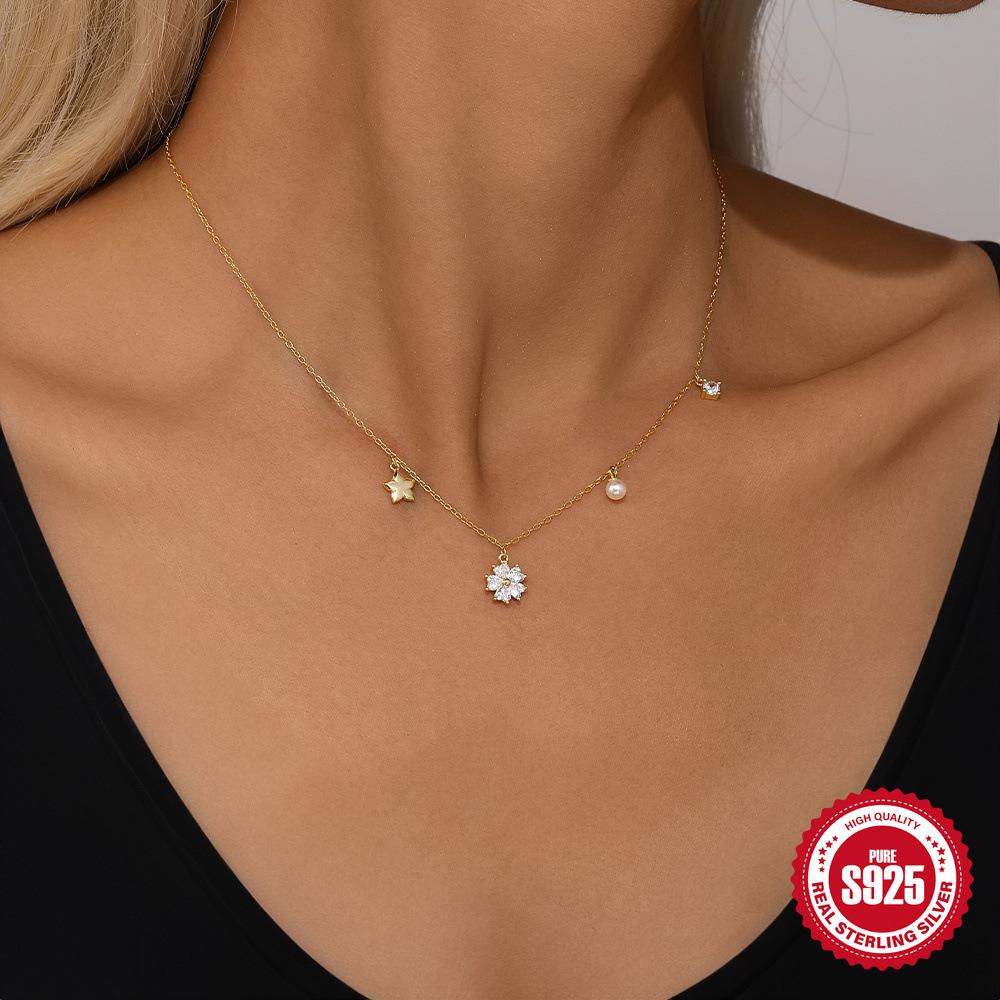 Ожерелье с подвеской Wind Commuting Simple Wear из стерлингового серебра 925 пробы с пятью лепестками и жемчужно-цирконовым цветком