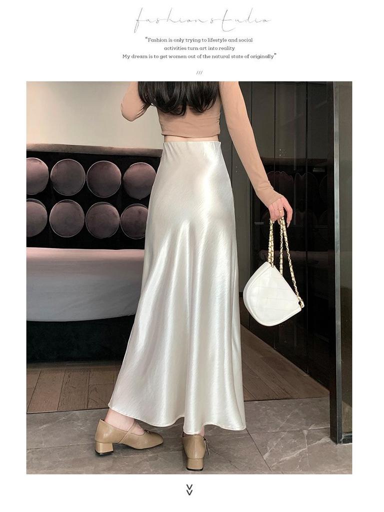 Французская атласная миди-юбка А-силуэта с высокой талией для женщин - Осенняя коллекция