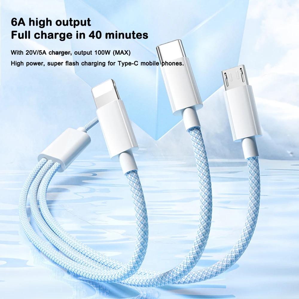 3in1 6A 66W Ultra Fast Charging Cable Fast Charger USB ToType C Cable Charging Cable Mobile Data Cable Suitable For IOS Android Phone 1.2M/2M